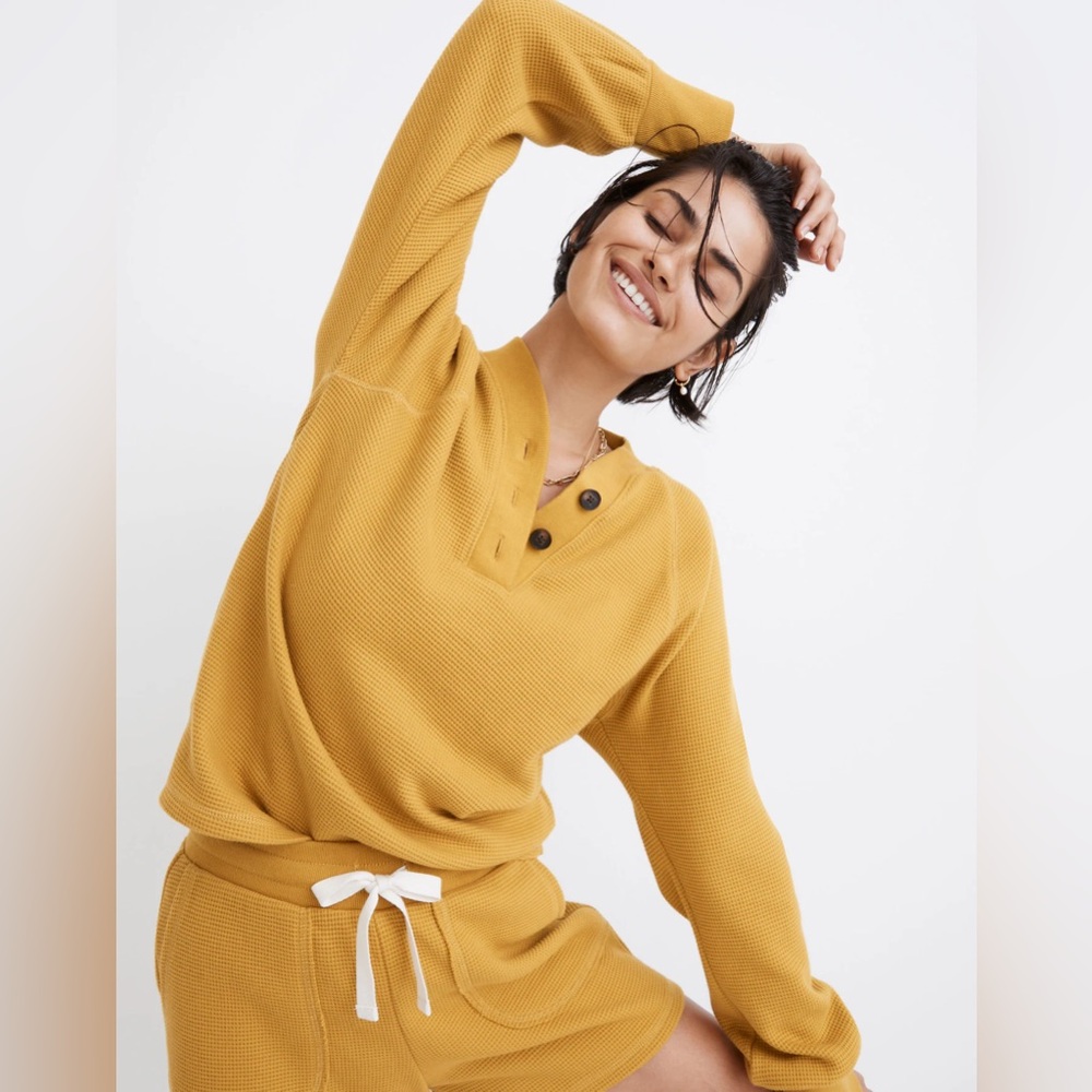 MADEWELL MWL Textured Waffle V-Neck Henley Sweatshirt